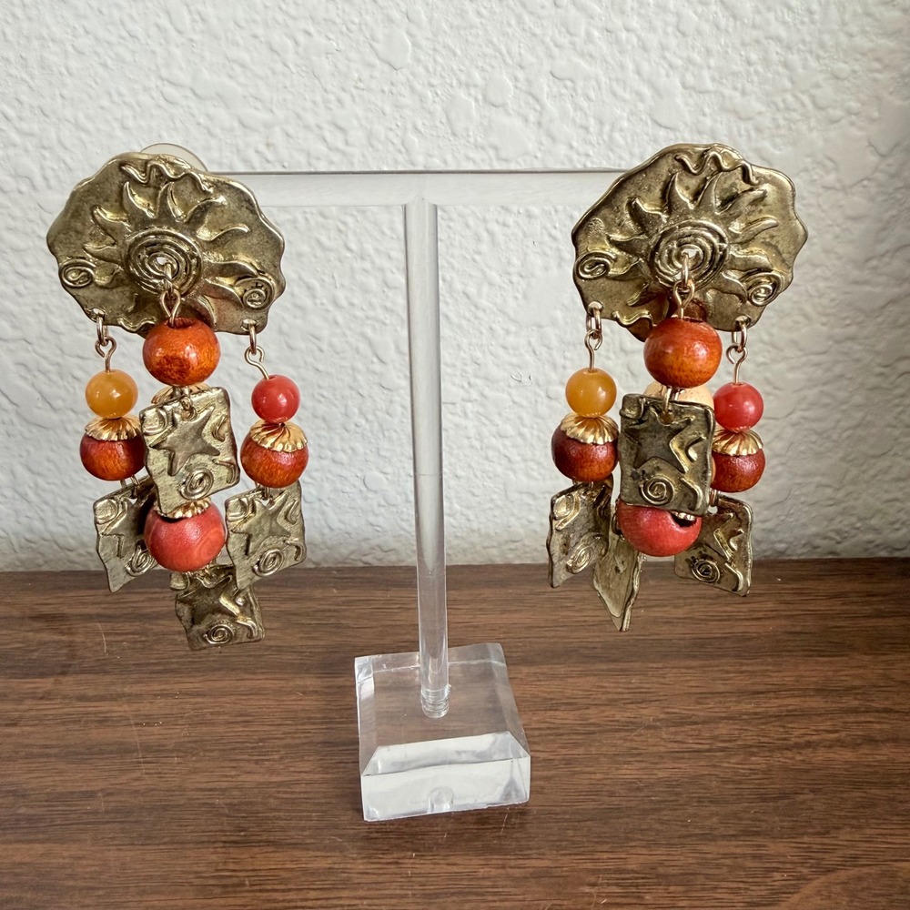 Vintage Gold‎ Tone Sunburst Wood Bead Statement Earrings Boho Tribal Drop Dangle